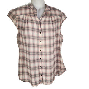 Ruff Hewn Women Shirt Large Plaid Button Up Pink Gray Textured Short Cap Sleeve